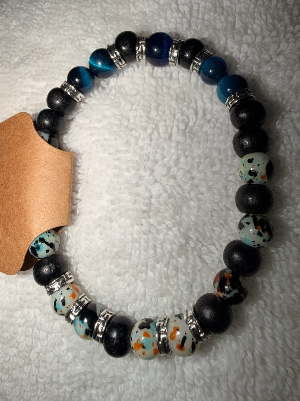 Handcrafted Black & Teal Beaded Stretch Bracelet with Speckled Accent Beads